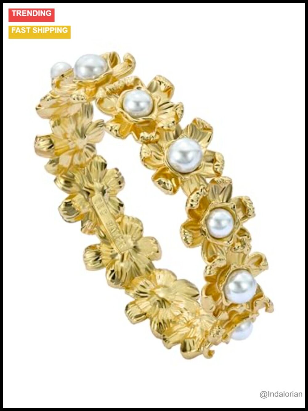 Gold Tone Plated Brass Daisy Faux Pearl Bangle Bracelet Gift Boxed